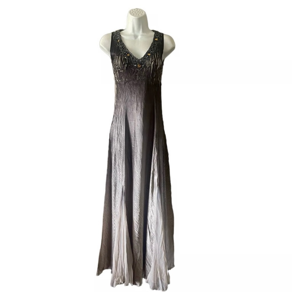 Komarov Charmeusse chiffon jewel embellished crinkle maxi dress in gray - Picture 7 of 7